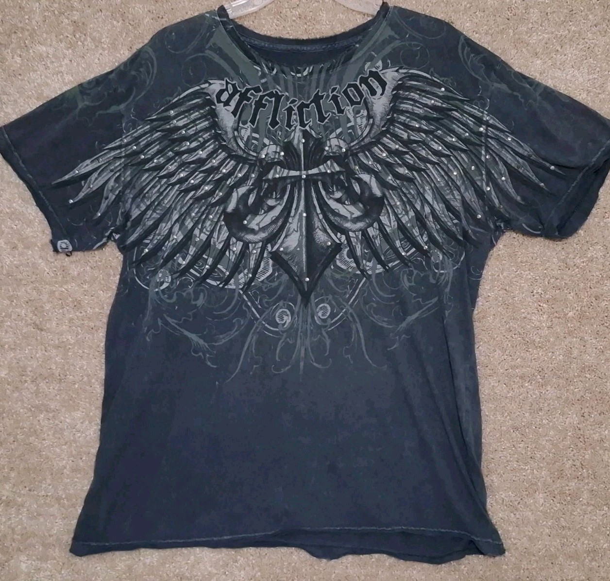 Affliction Los Angeles Distressed T Shirt Men\'s XL Angel Wings Gothic Black Blue