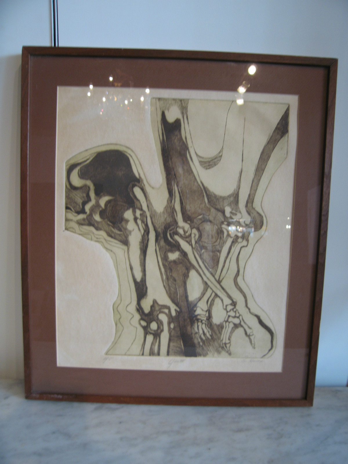 Unusual Vintage Block Print of Bones Signed C. Heroux Titled 