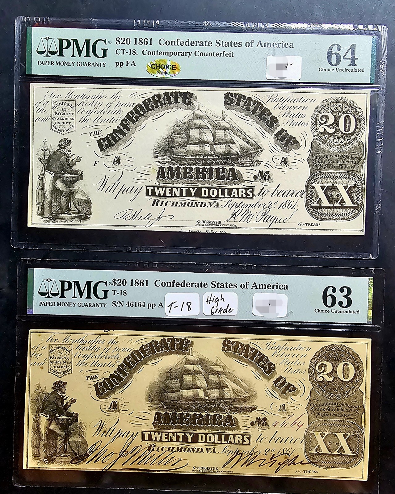 1861 $20 Confederate Set Of 2 Genuine T-18 PMG63 Contemp Counterfeit CT-18 PMG64