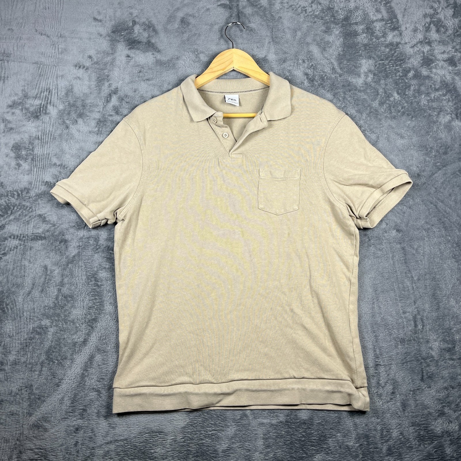 Zara Polo Shirt Mens Medium Beige Golf Performance Tennis Sport Short Sleeve
