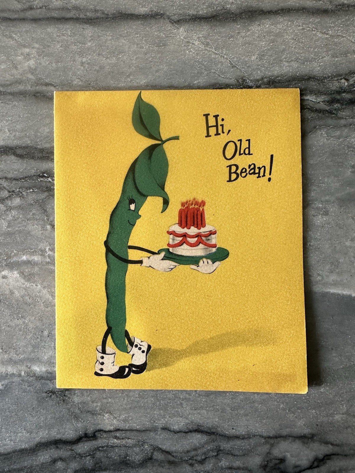 Vintage Norcross Birthday Card Anthropomorphic Green String Been Cake Candle Vtg