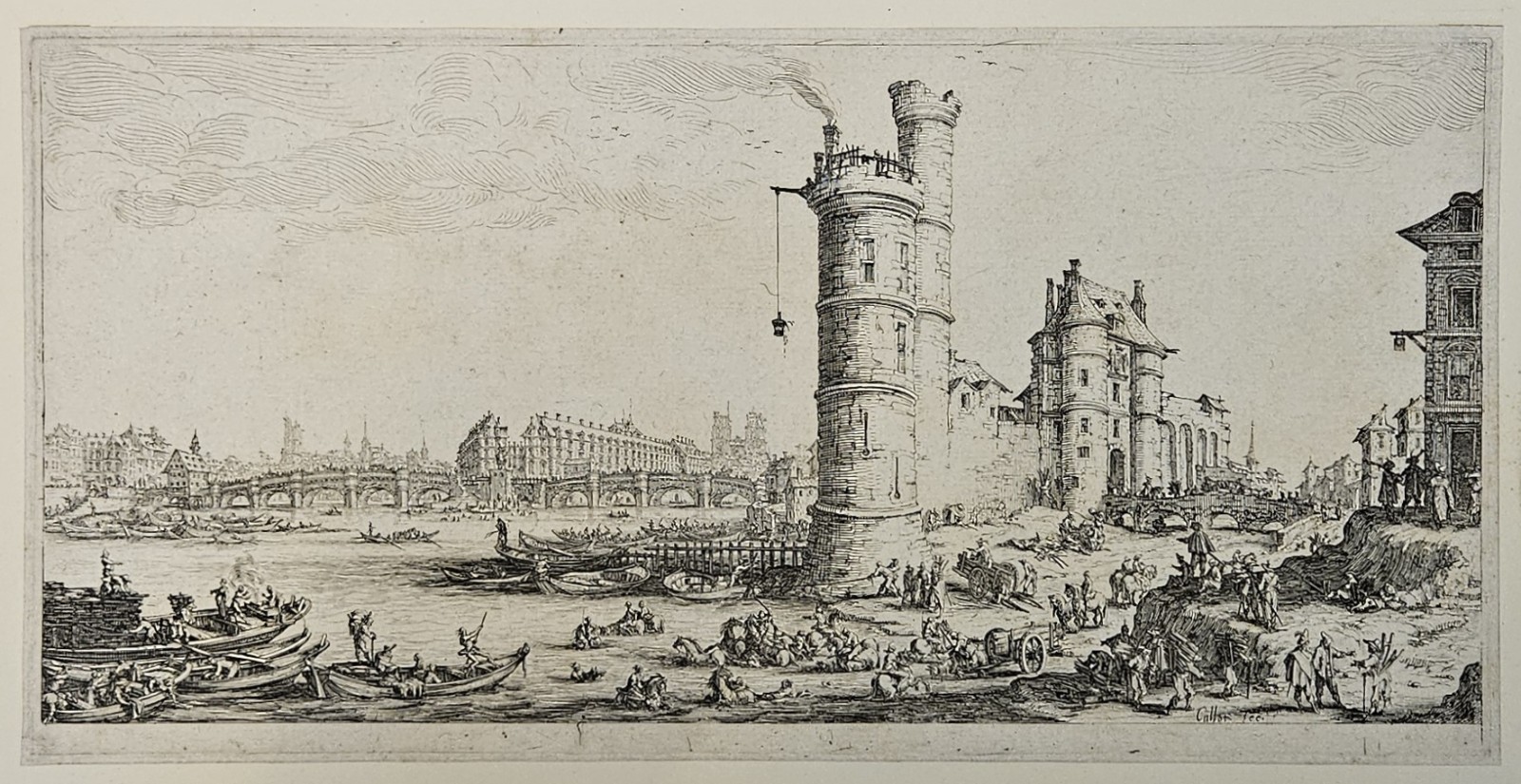 1629 Jacques Callot Vue du Pont Neuf Paris Etching 2nd State Lieure 668