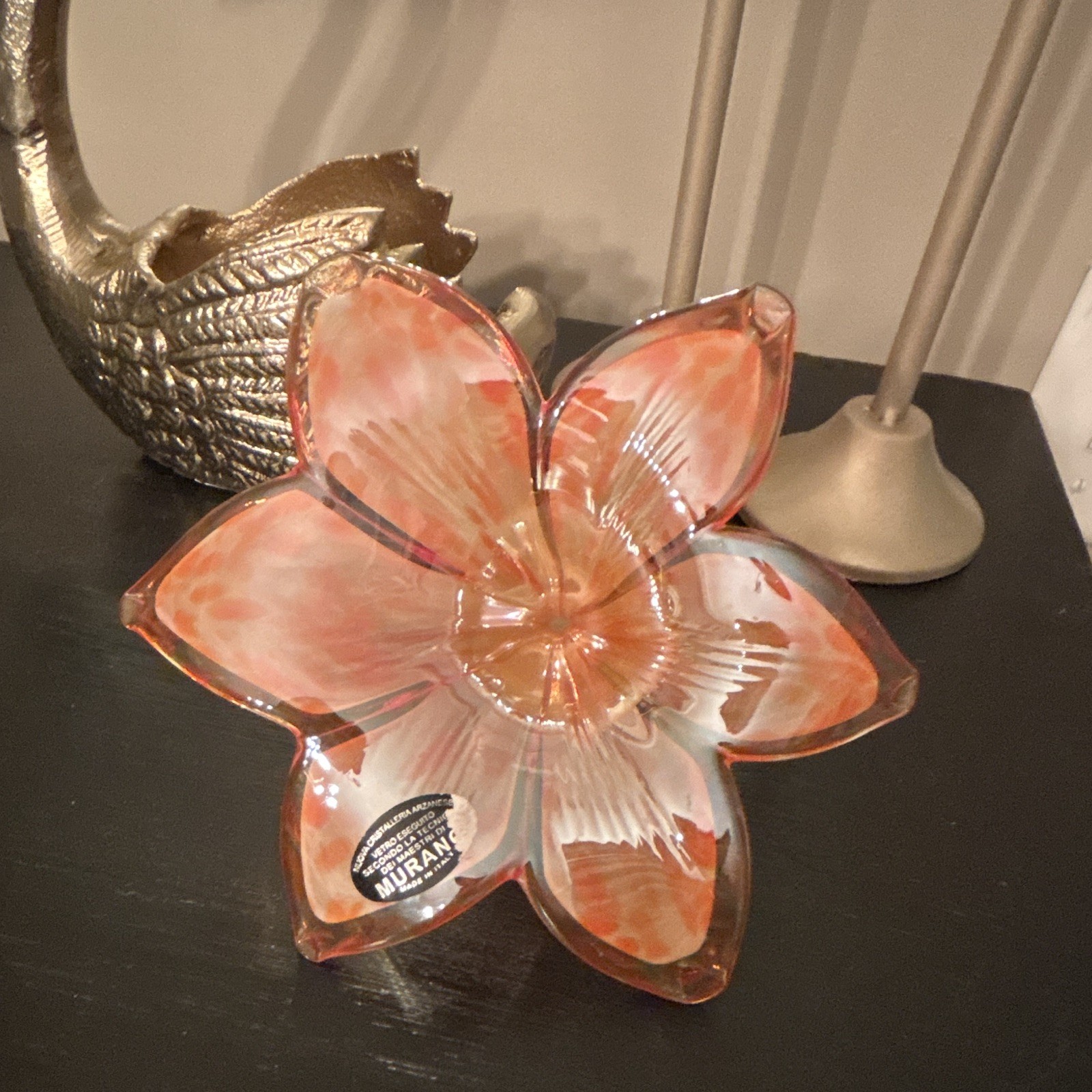 Murano Art Glass Orange/White Flower Sculpture 3D Effect 9 in Clear White Glossy Murano Art Glass Orange/White Flower Sculpture 3D Effect 9 in Clear White Glossy