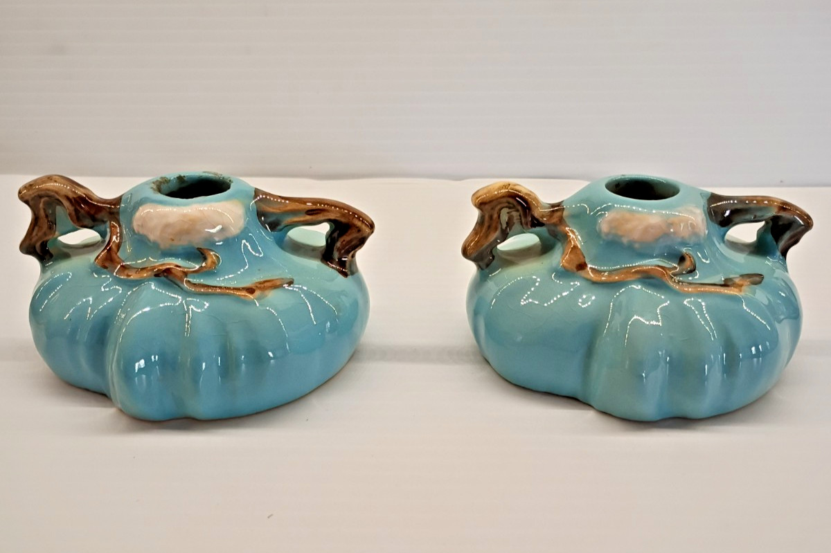 2 Roseville USA Vintage Pottery Ming Tree Candle Holders, No. 551, Aqua Blue