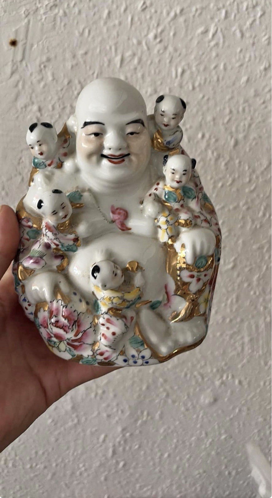 Vintage Chinese Famille Rose Porcelain Laughing Buddha & Five Children Figurine Vintage Chinese Famille Rose Porcelain Laughing Buddha & Five Children Figurine