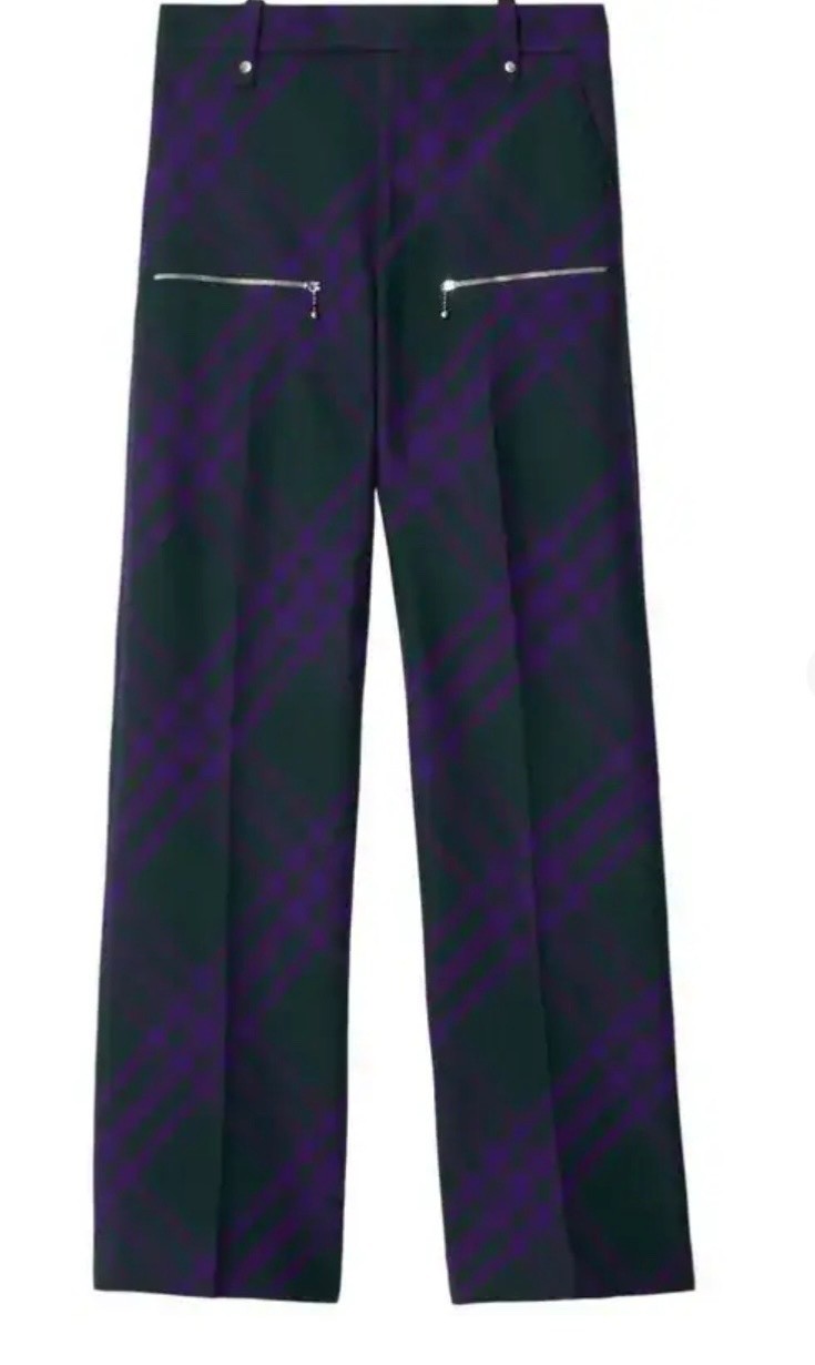 New Burberry Check-Pattern Wool Trousers - Green and Purple