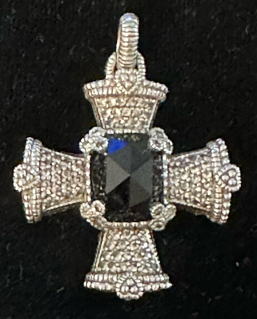 Vintage Judith Ripka Sterling Silver Onyx Cubic Zirconia Cross Pendant Necklace