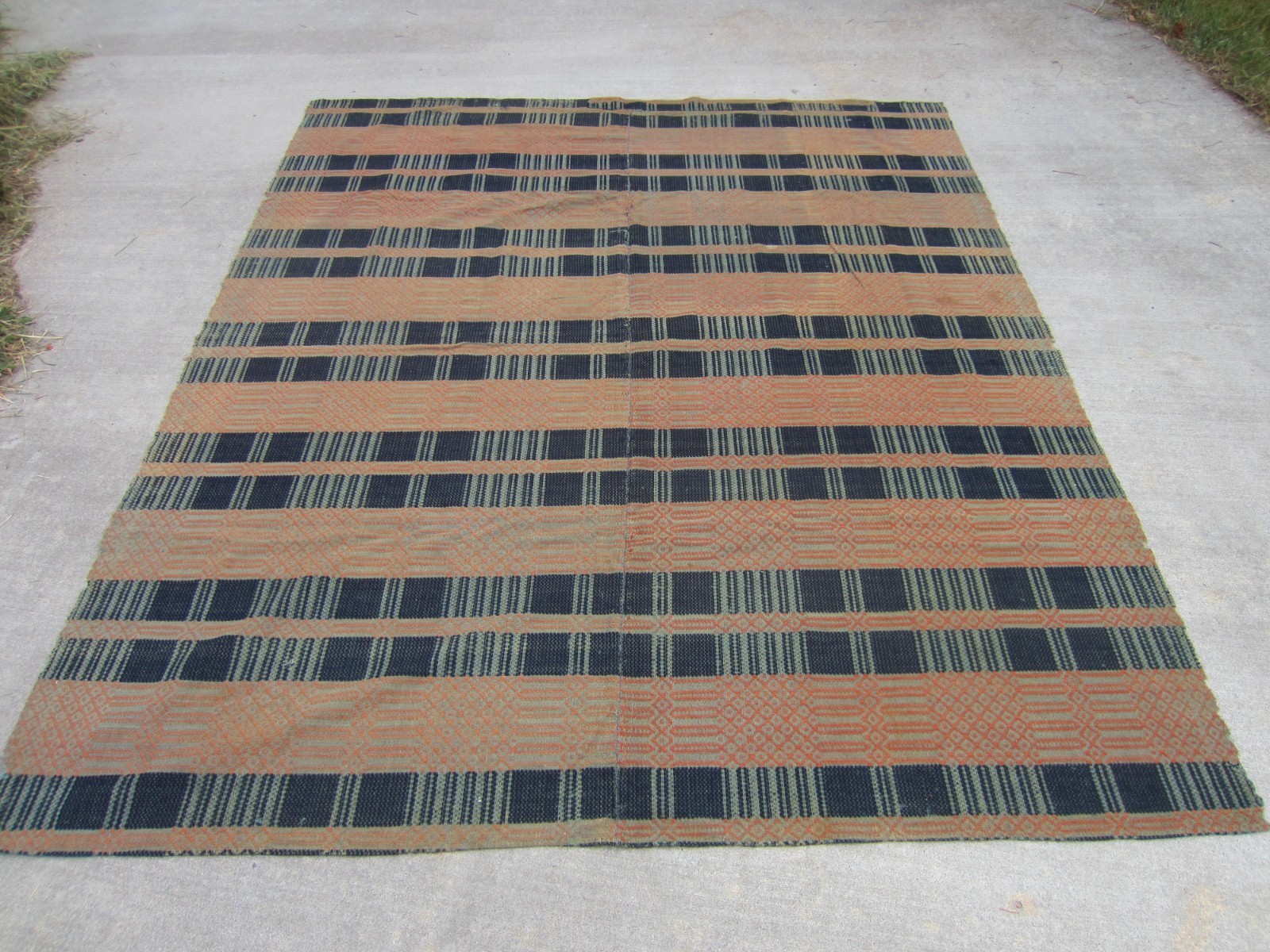 Antique 1800s Hand Woven OVERSHOT COVERLET 84x74 ~Navy & Orange Brown Reversible