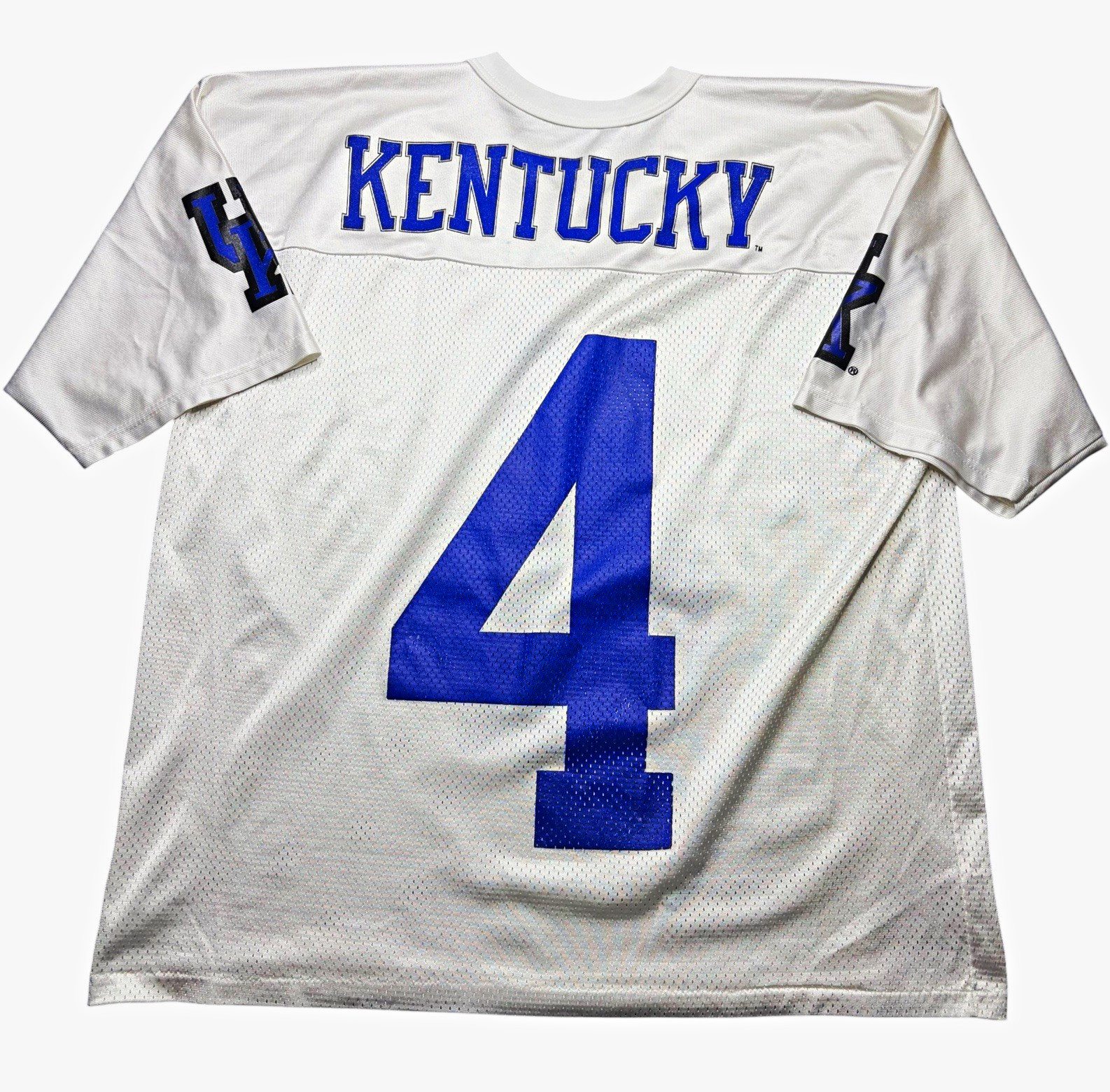 Vintage Kentucky Wildcats Football Jersey Mesh White Blue #4 Adult L 1990s SEC Vintage Kentucky Wildcats Football Jersey Mesh White Blue #4 Adult L 1990s SEC