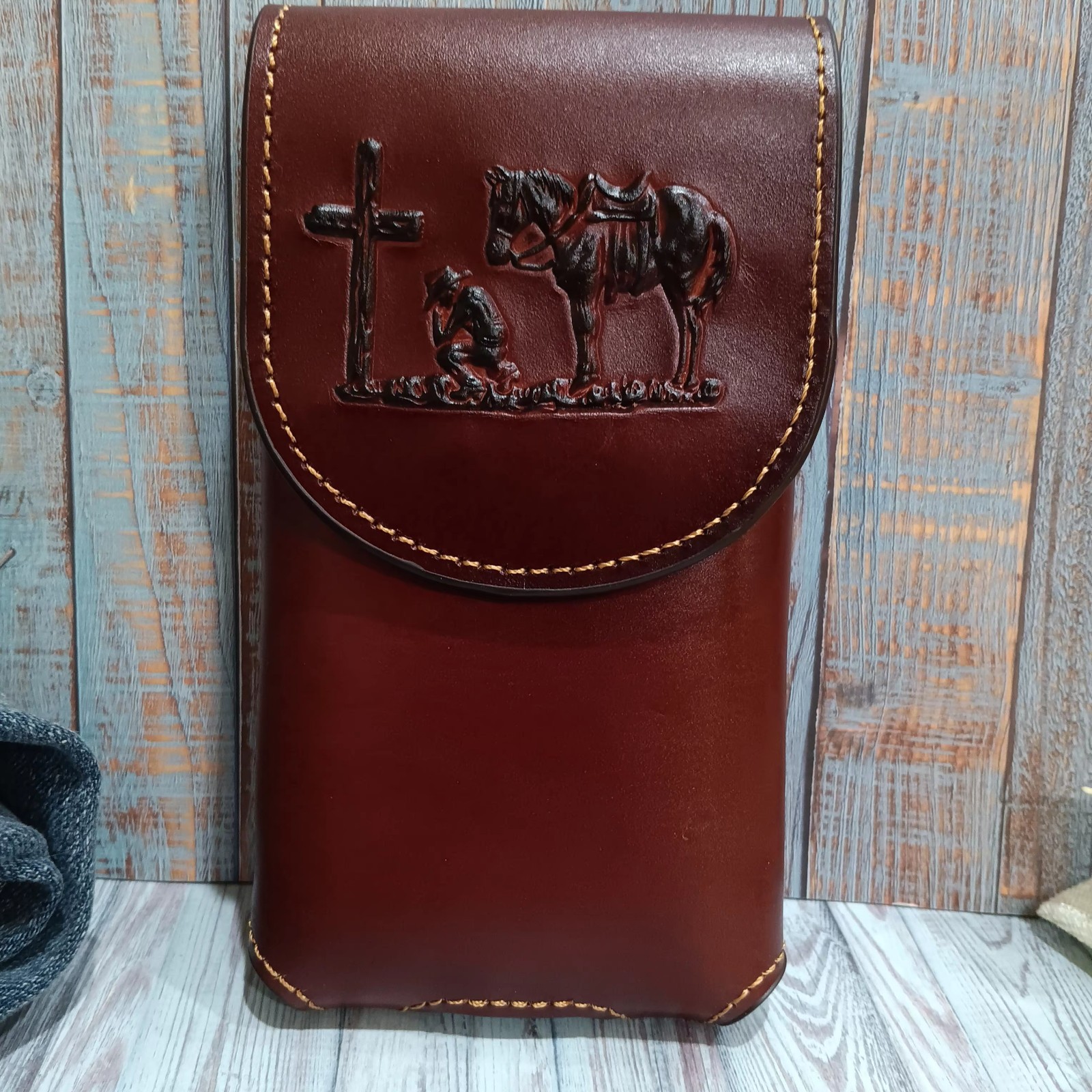 Montana West Belt Loop Phone Holster Praying Cowboy Genuine Leather Embossed 7\