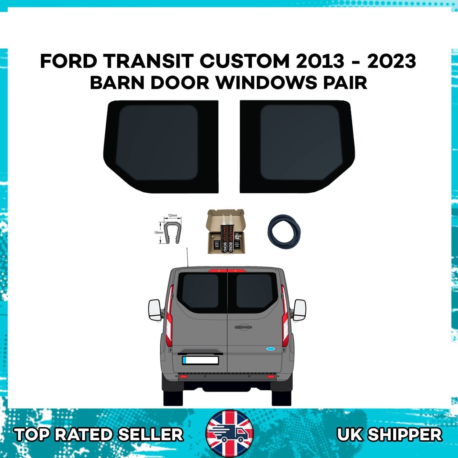 Ford Transit CUSTOM 13-23 Barn Door Windows  with Fitting Kit and U-Trim