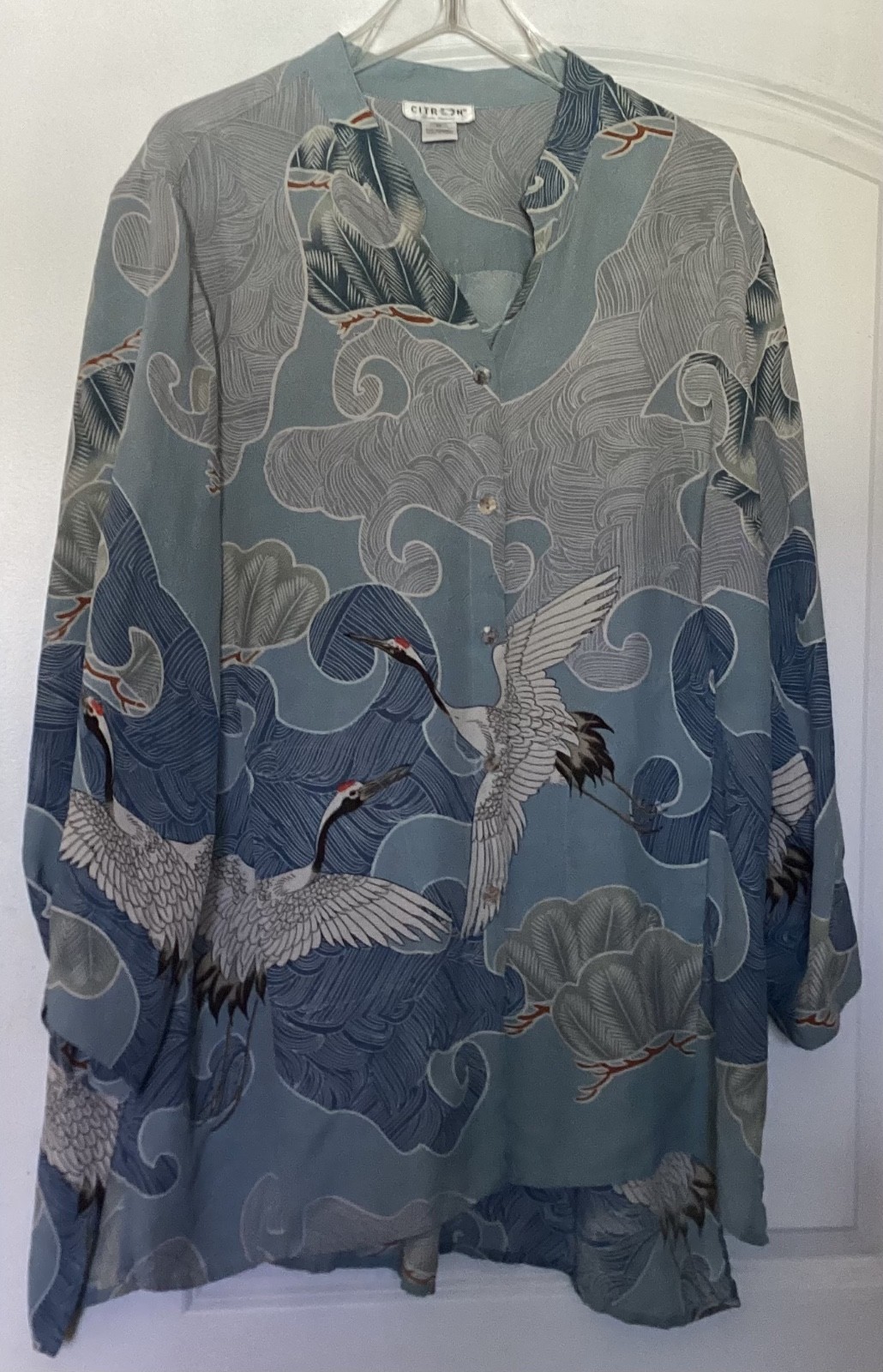 Citron Asian Crane Birds Long Silk Tunic Top Artsy Art to Wear Boho Sz 1X