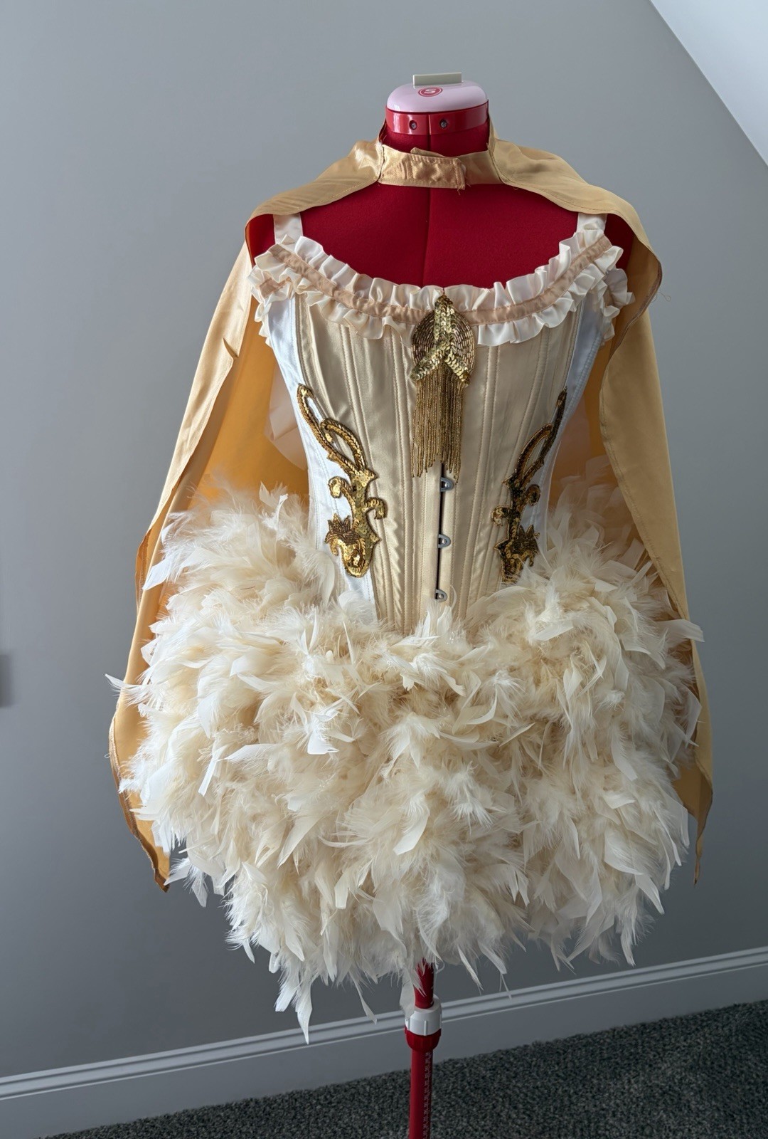 Theatrical Circus Showgirl Costume Feather Bustle Corset Cape Gold Sequin