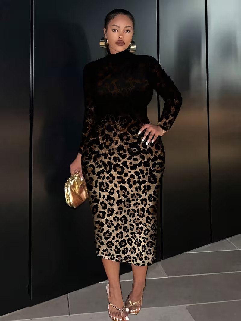 Plus Size Stretch Leopard Print Midi Ombre Dress Knit Bodycon 1XL 2XL 3XL 4XL 