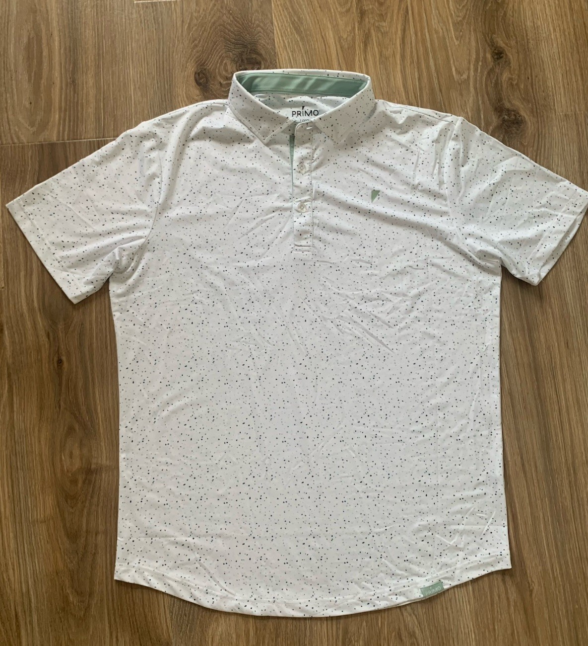 PRIMO GOLF APPAREL Men\'s Shortsleeve Polo Size L White Green Dots Performance