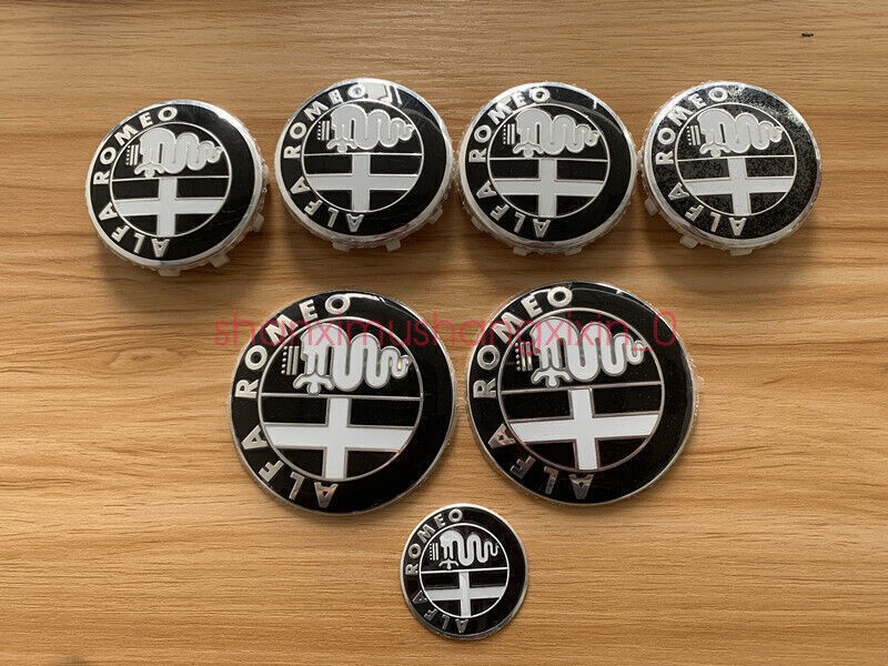 7pcs ALFA ROMEO Car Badge 74mm Hood/Rear 60mm Wheel 40mm Steering Wheel Black