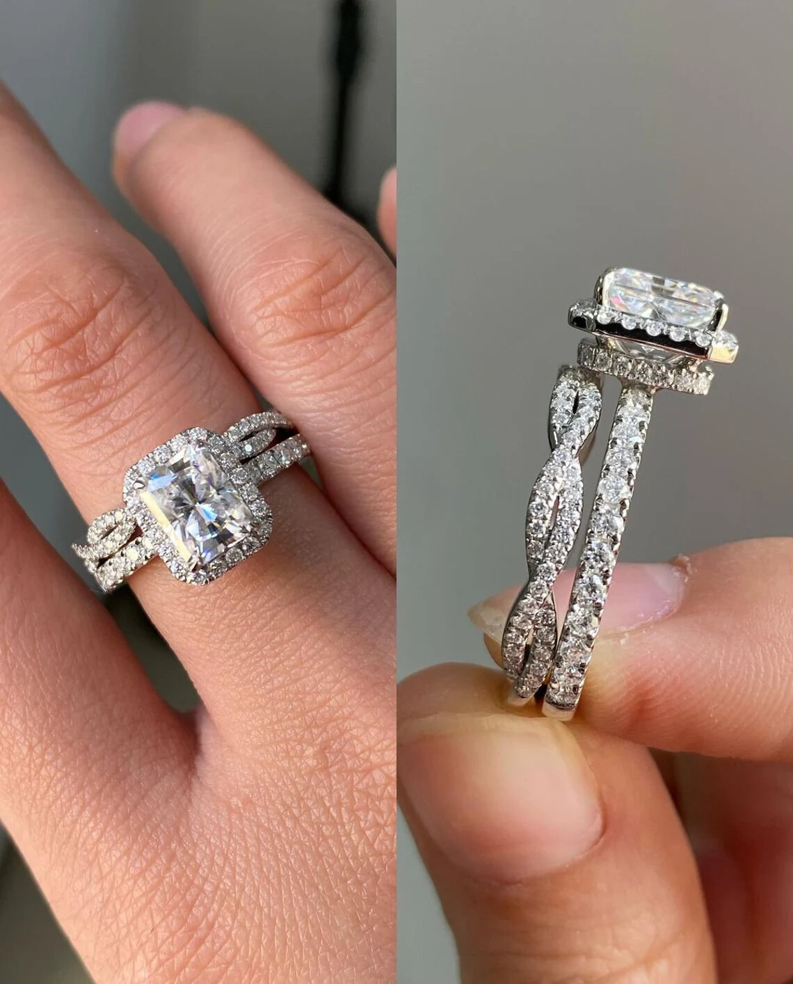 2 PCs Twisted Band Hidden Halo Moissanite Radiant Cut Wedding Ring Set For Her