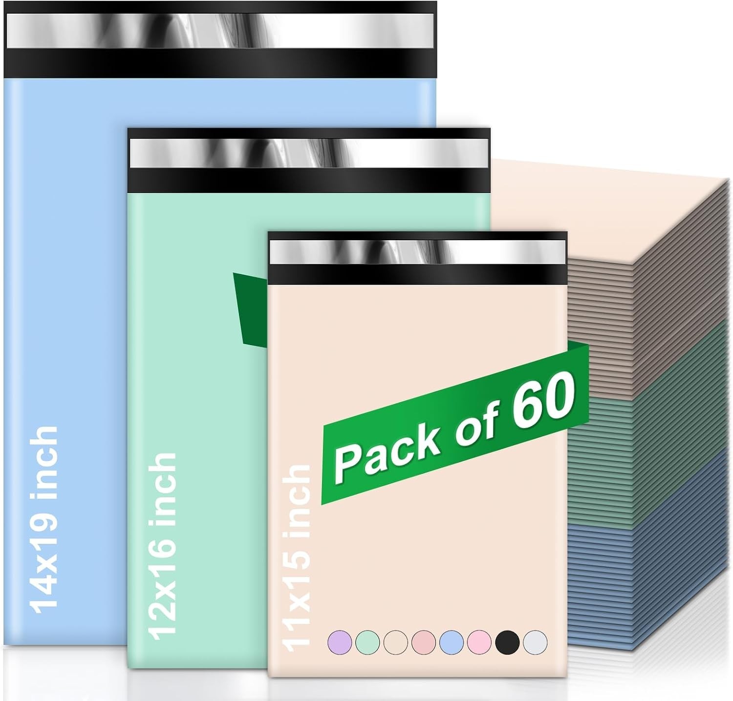 60 Pack Assorted Poly Mailers 11x15 12.5x16 15x19 Waterproof Shipping Bags