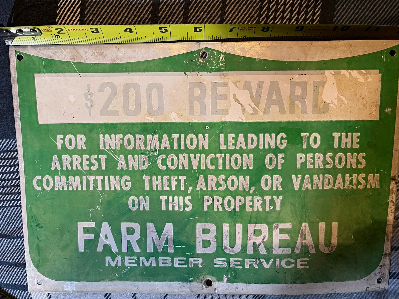 Farm Bureau Member Service $200 Reward Metal Advertising Sign, Green/White