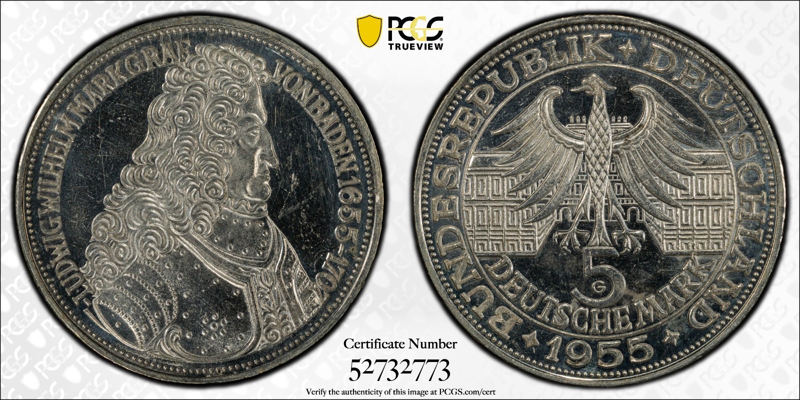 1955 - G Germany Federal Rep von Baden 5 Mark Commemorative PCGS Unc Details