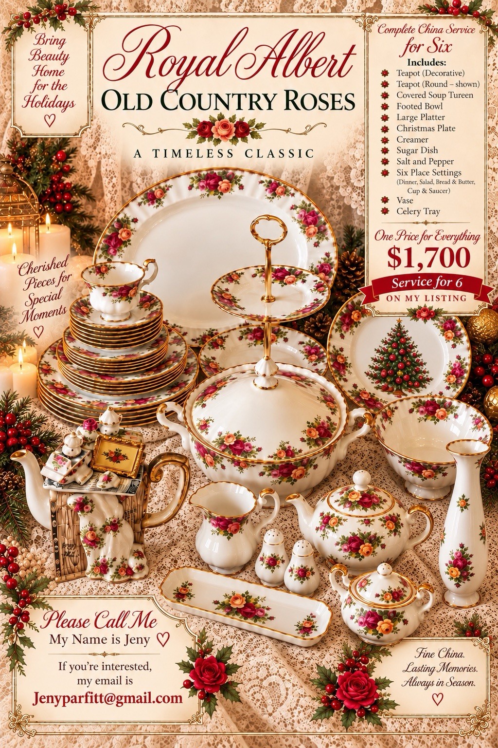 Royal Albert Old Country Roses Fine China Dinner Set 6 Settings Teapot Platter