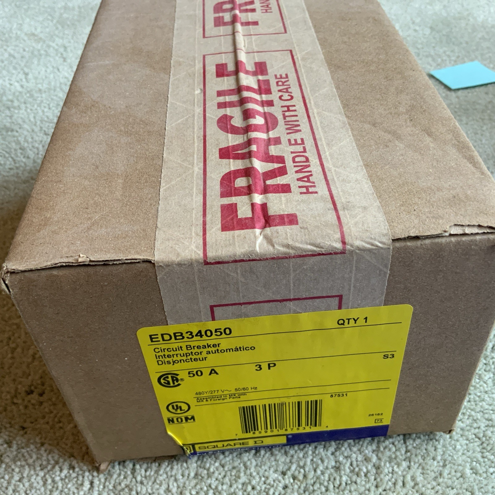Square D EDB34050 50A 3-Pole Circuit Breaker 480Y/277V . Bolt-on. Brand New. Square D EDB34050 50A 3-Pole Circuit Breaker 480Y/277V . Bolt-on. Brand New.