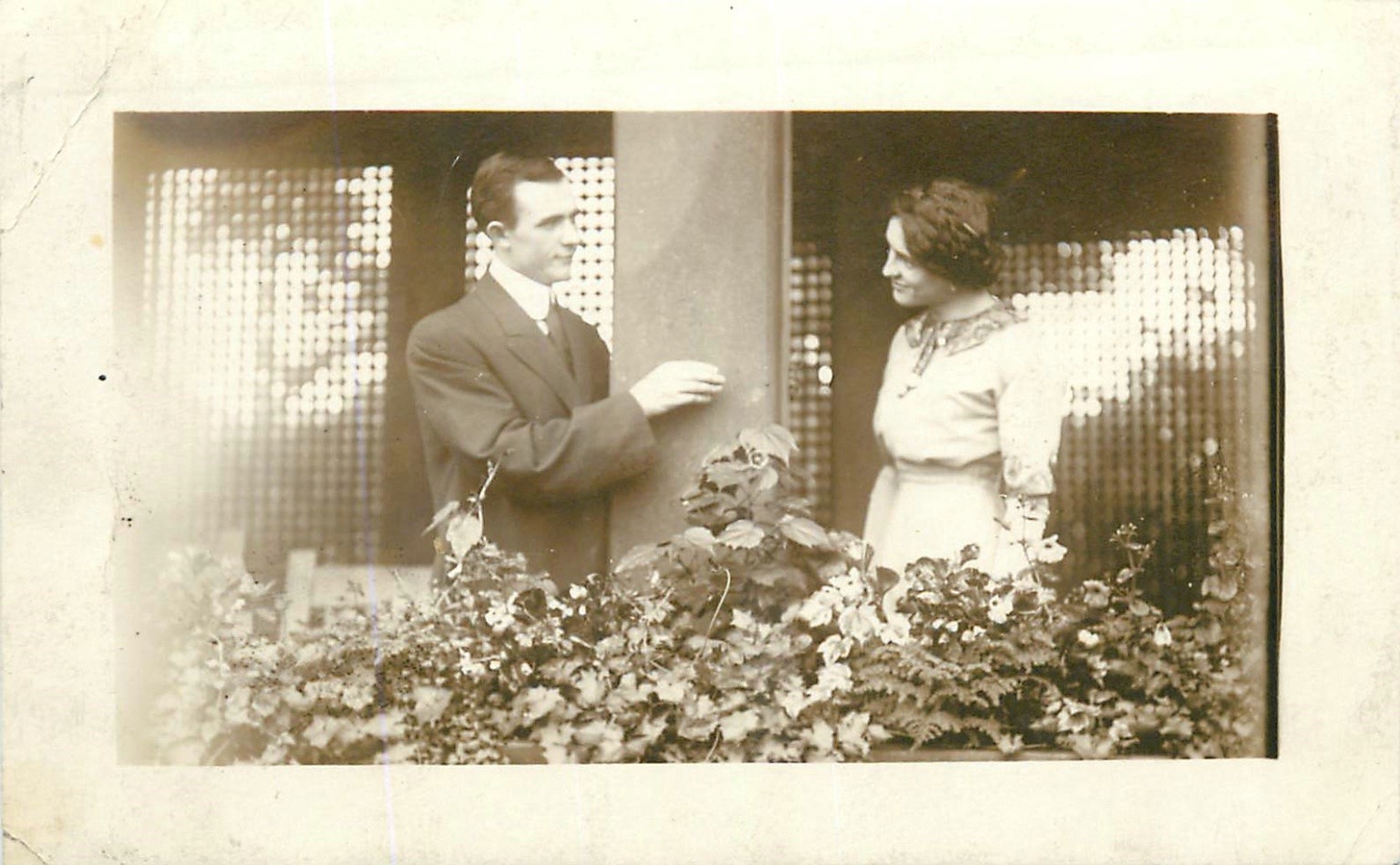 Vintage RPPC Couple Balcony Flirting Flowers Early 1900s Real Photo Postcard Vintage RPPC Couple Balcony Flirting Flowers Early 1900s Real Photo Postcard
