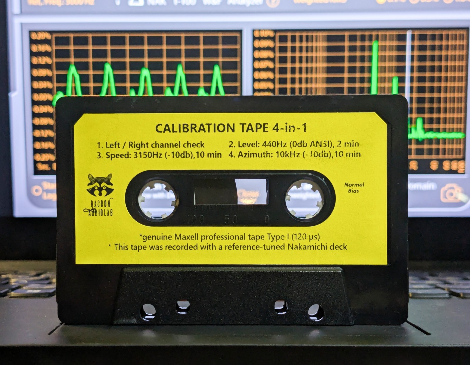 4-in-1 Maxell Test/Calibration audio cassette tape: L/R, level, speed, azimuth