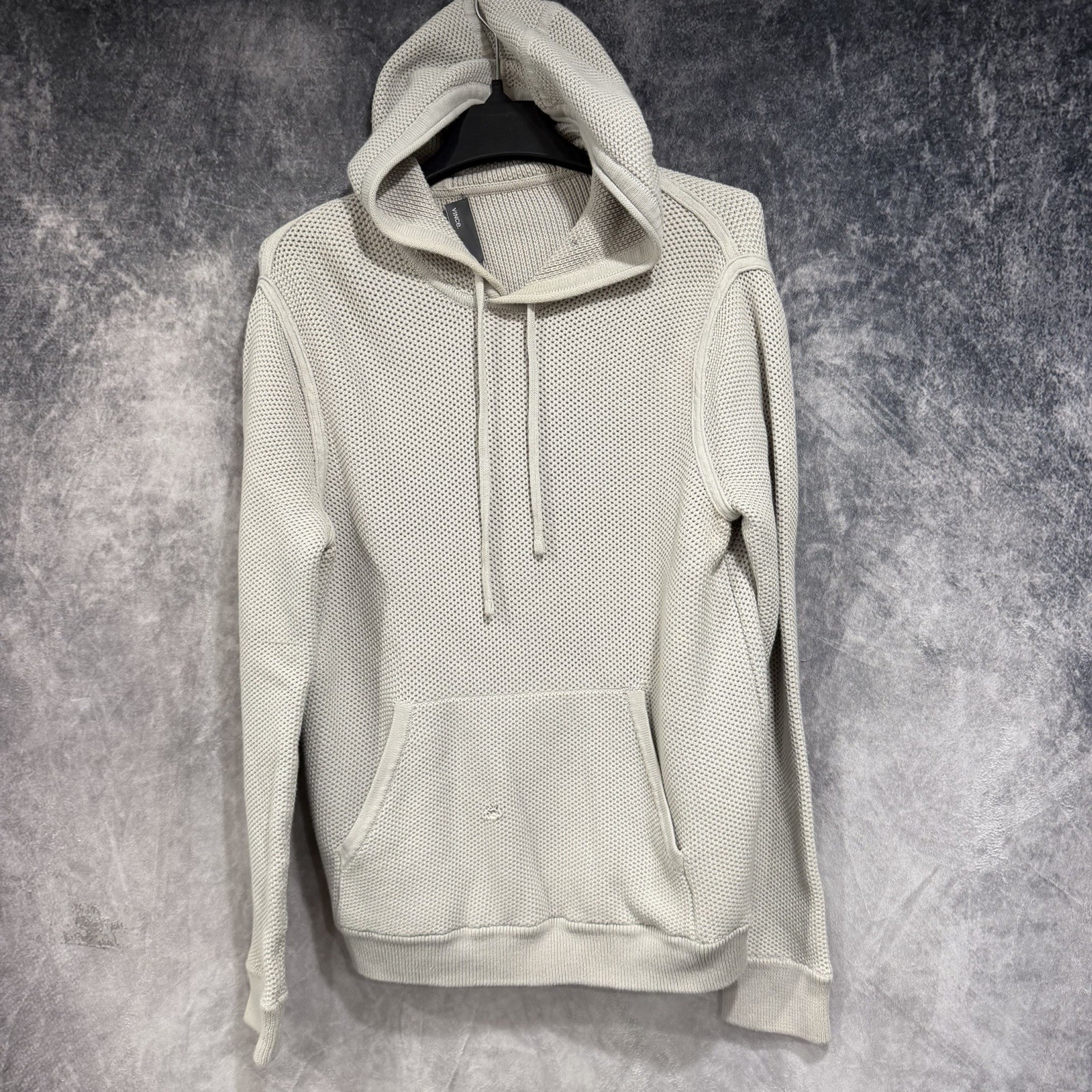 Vince Men’s Large Gray 100% Cotton Knit Pullover Hoodie Sweater Kangaroo Pocket