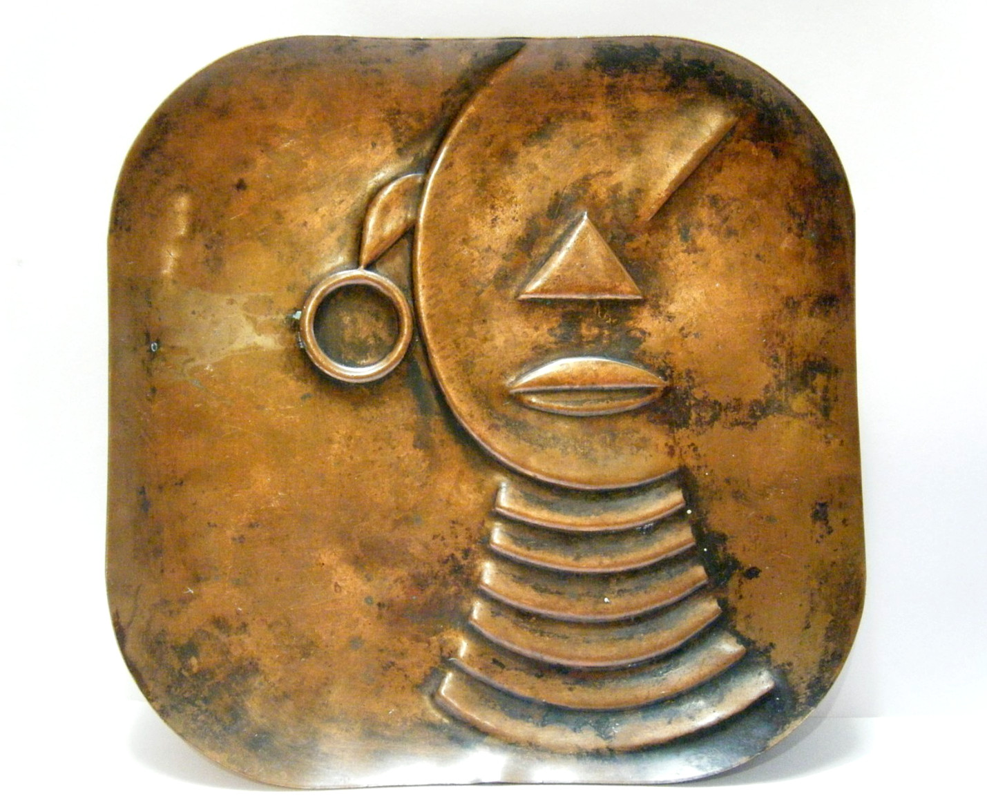 Vintage 60s MCM Francisco Rebajes Handmade Copper Art Tray Dish Tribal Woman