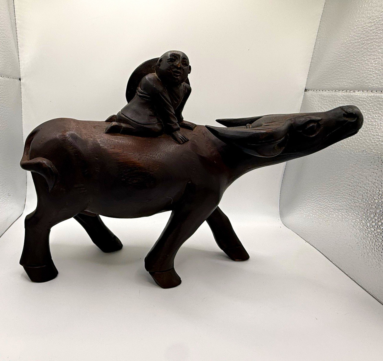 Vintage Hand Carved Wood Buffalo Figurine w/ Rider, Brown Natural Finish