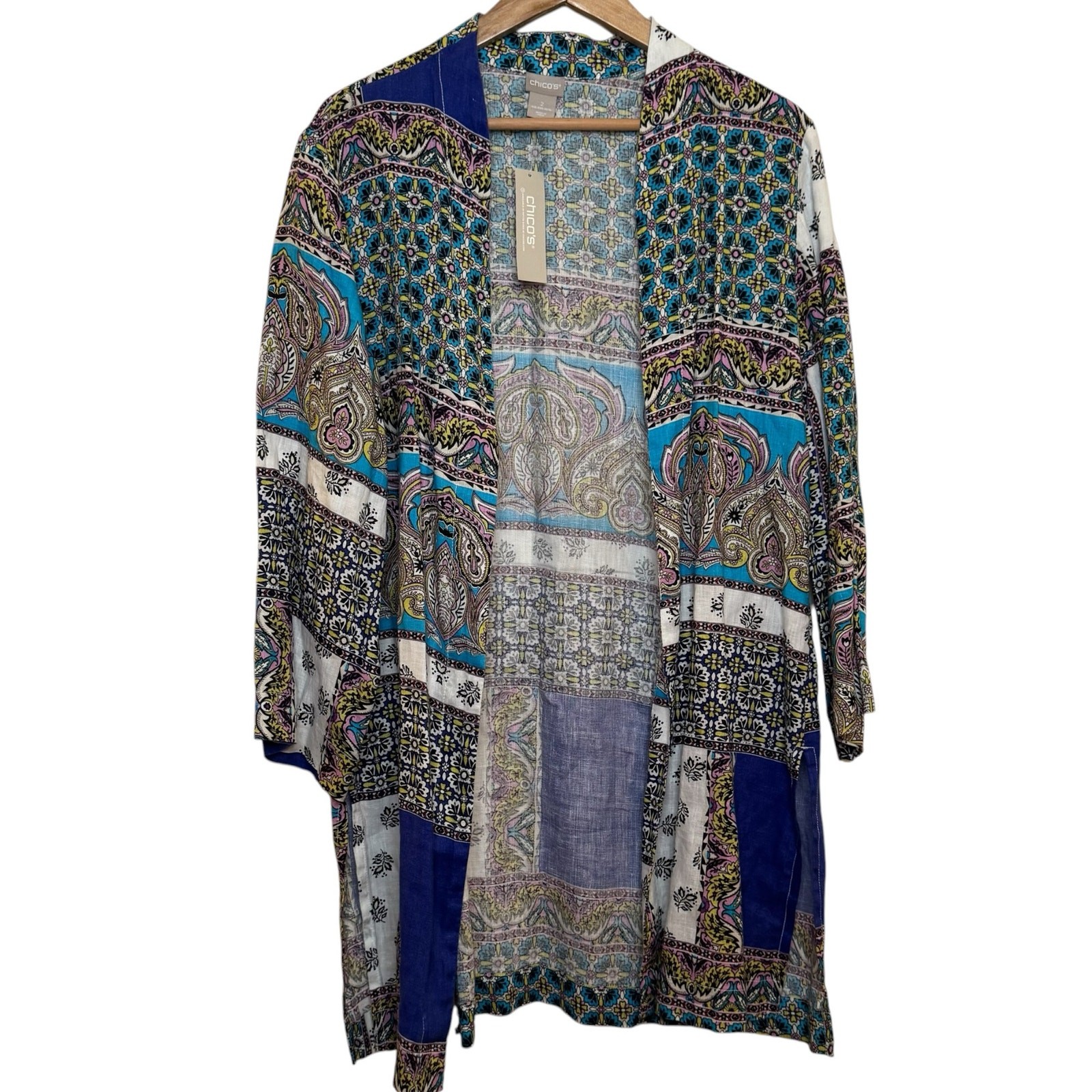 Chico’s 100% Linen Size 2 Large Paisley Patchwork Open Front Lightweight Jacket