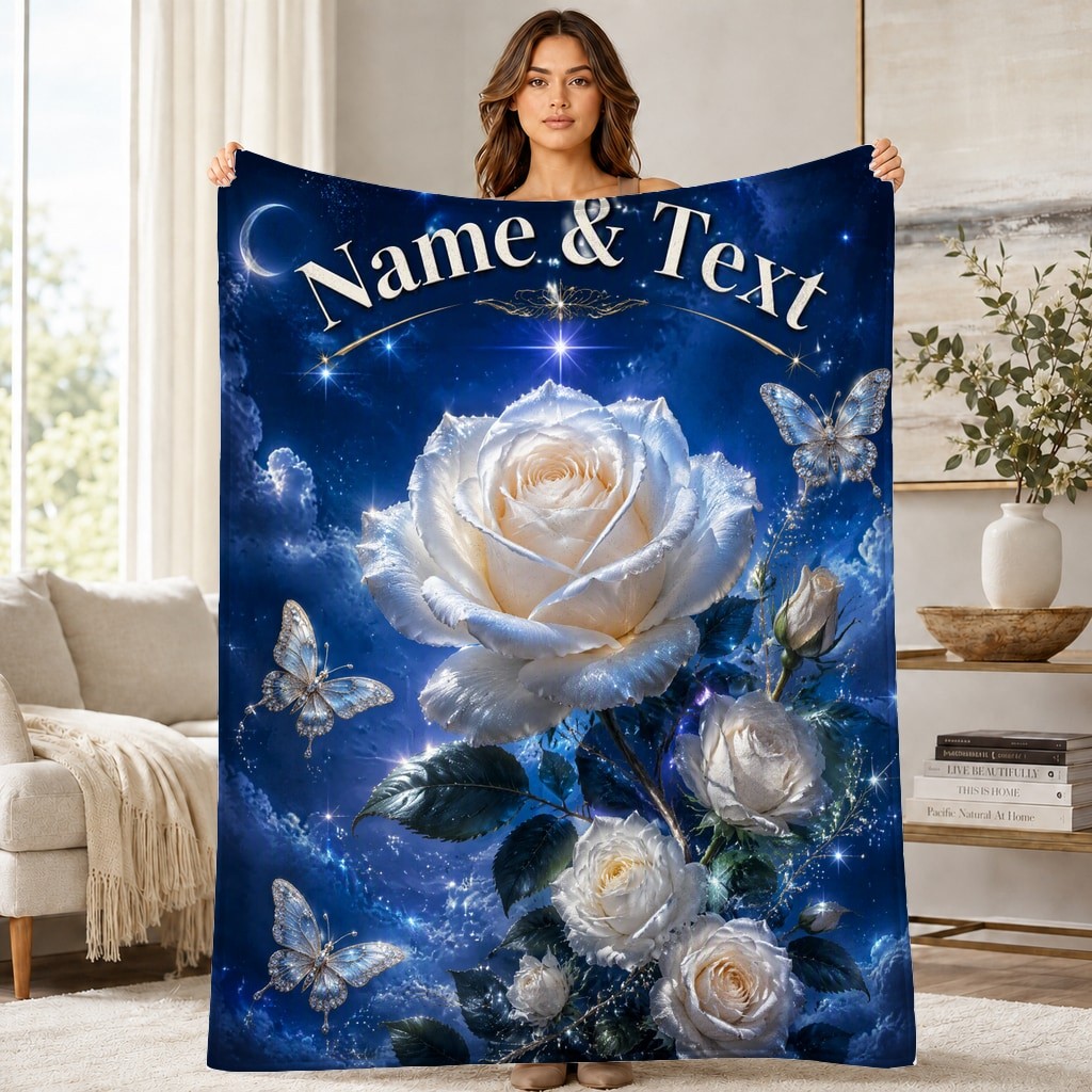 Personalized Celestial White Roses Butterflies Fleece Blanket
