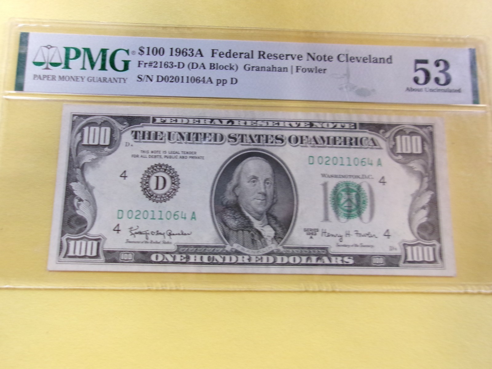 1963A $100 Federal Reserve Note Fr# 2163-D PMG 53 About Unc.