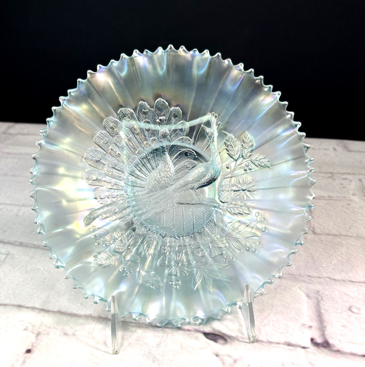 Carnival Northwood Ice Blue Opalescent Peacocks on the Fence Bowl Vintage Decor