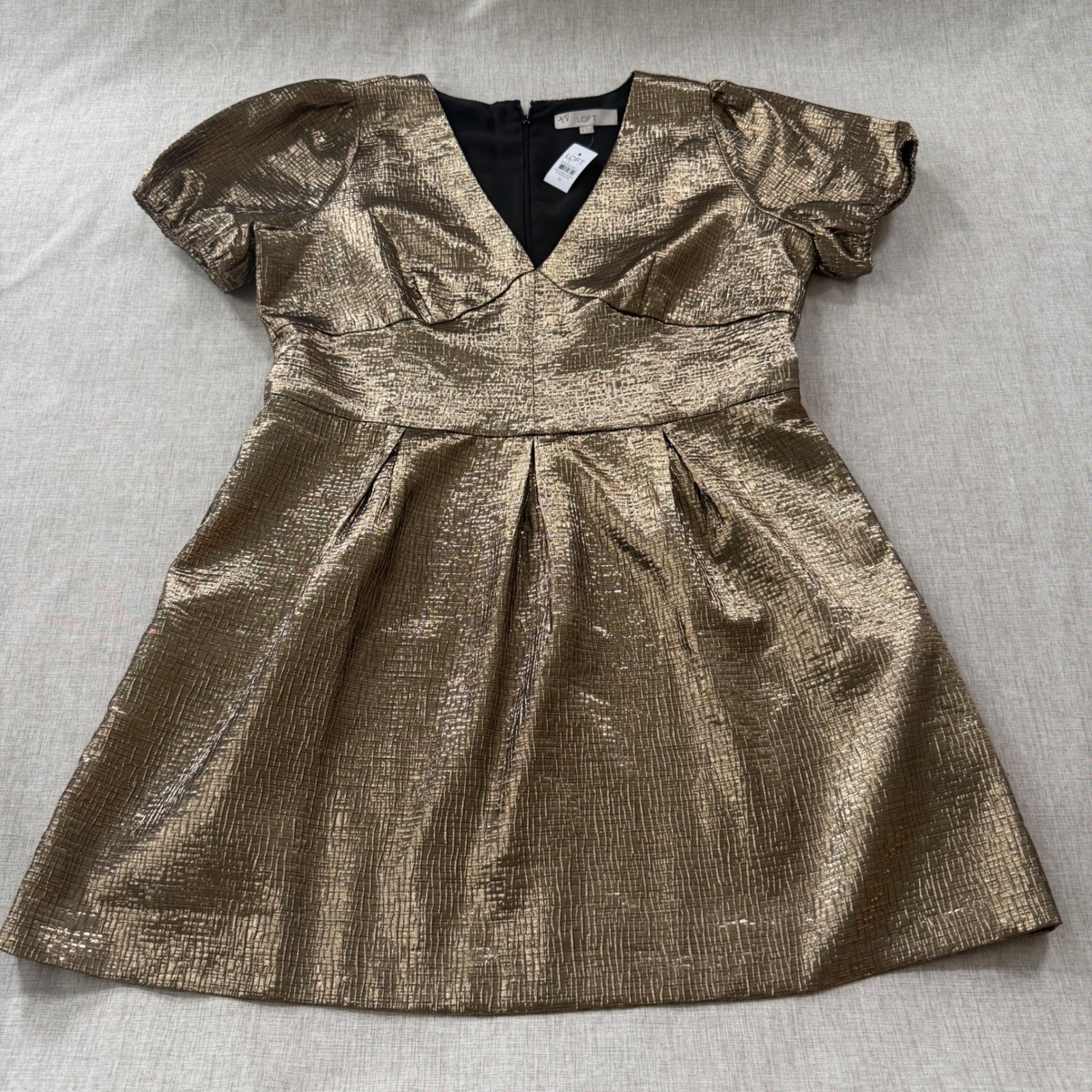 Loft Gold Metallic V-Neck Puff Sleeve Mini Dress Size 16 NWT Holiday Party NYE