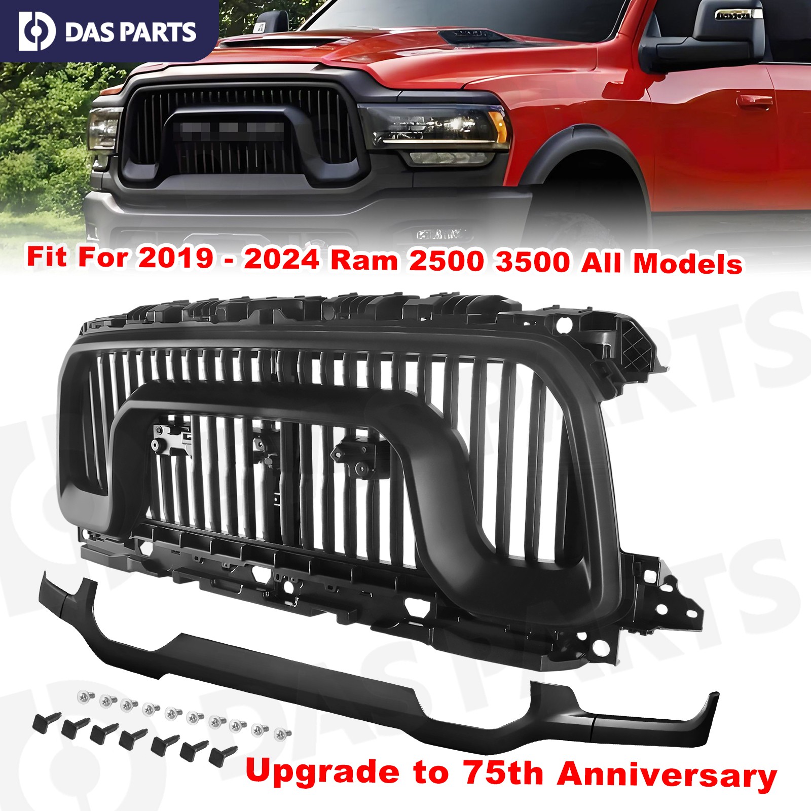To 75th Anniversary Front Bumper Grille w/Lower Trim For 2019-2024 Ram 2500 3500