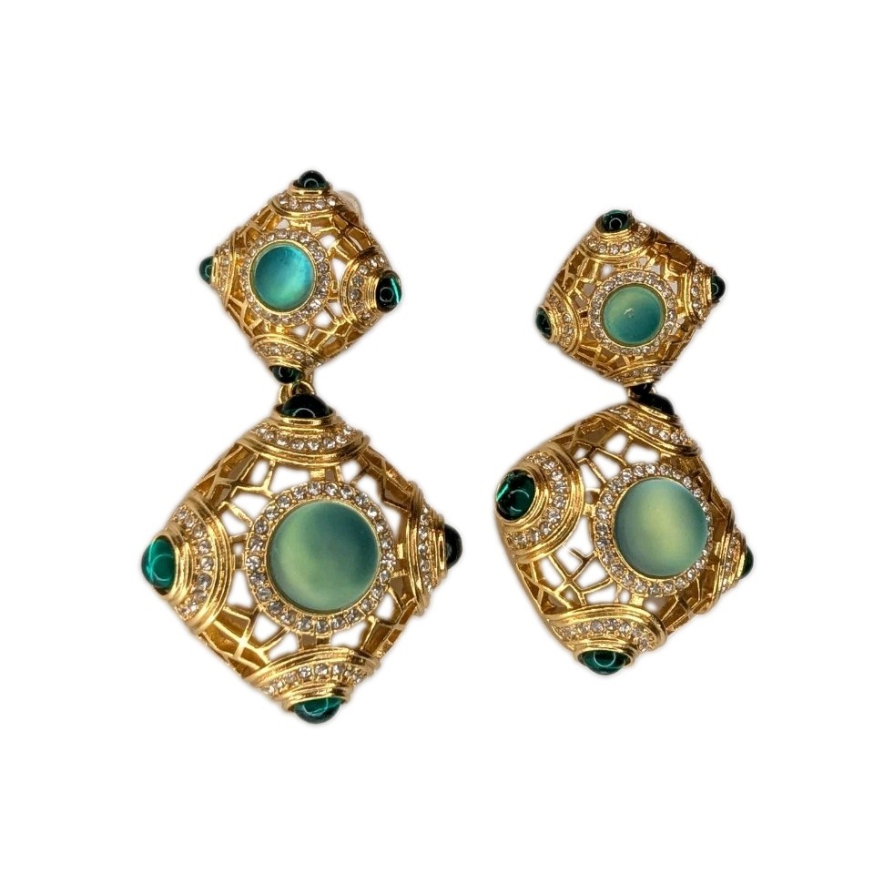 Vintage Kovonchy Signed Sage Green Frosted Cabochon Gold Tone Drop Dangle...
