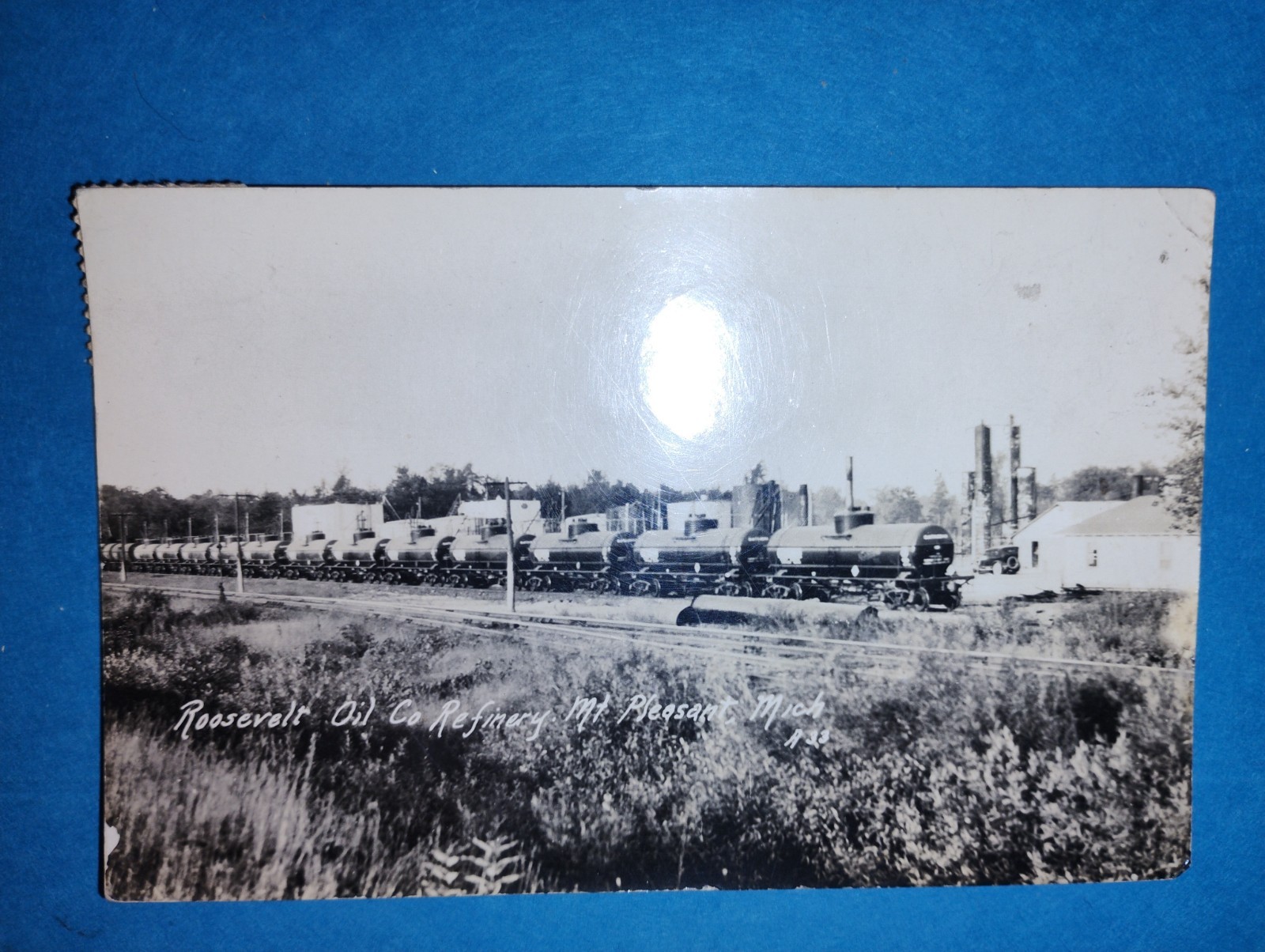 1933 Mt. Pleasant Michigan Roosevelt Oil Co. Refinery Real Photo Vtg Postcard PC