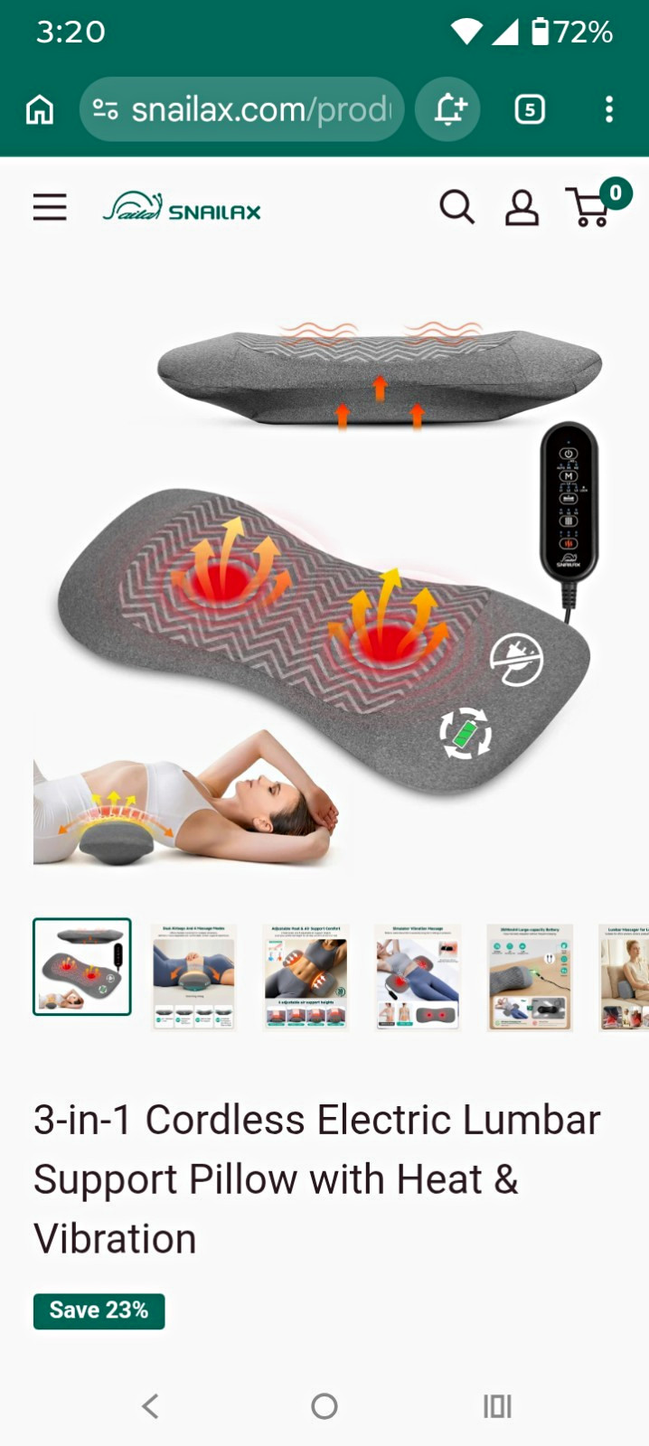 Snailax Cordless Heated Vibrating Lumbar Support Pillow Gray SL-15A3 Snailax Cordless Heated Vibrating Lumbar Support Pillow Gray SL-15A3