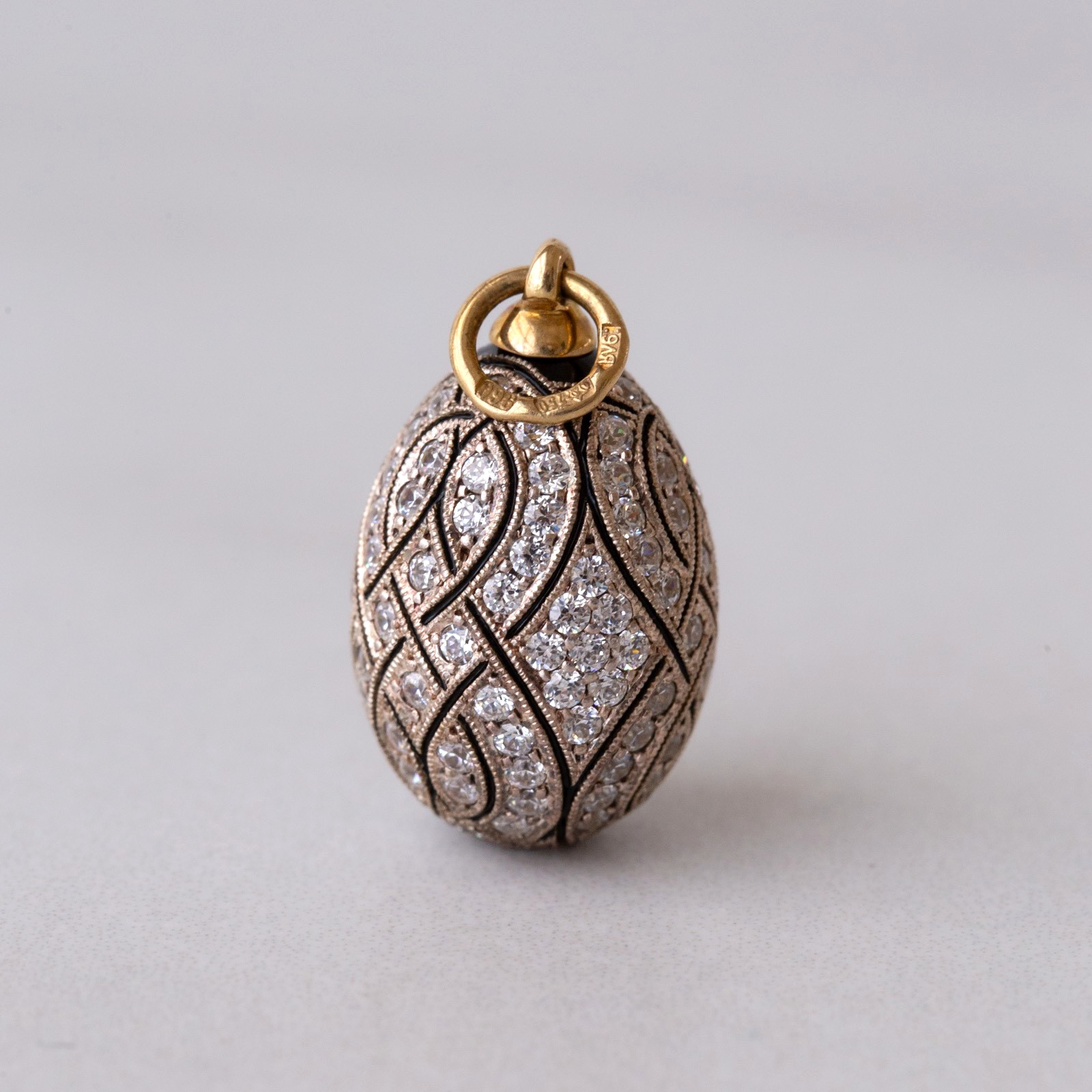 Vintage Soviet Era c.1990 Fully Pavé Enamel Egg Pendant 18k 750 Gold 960 Silver