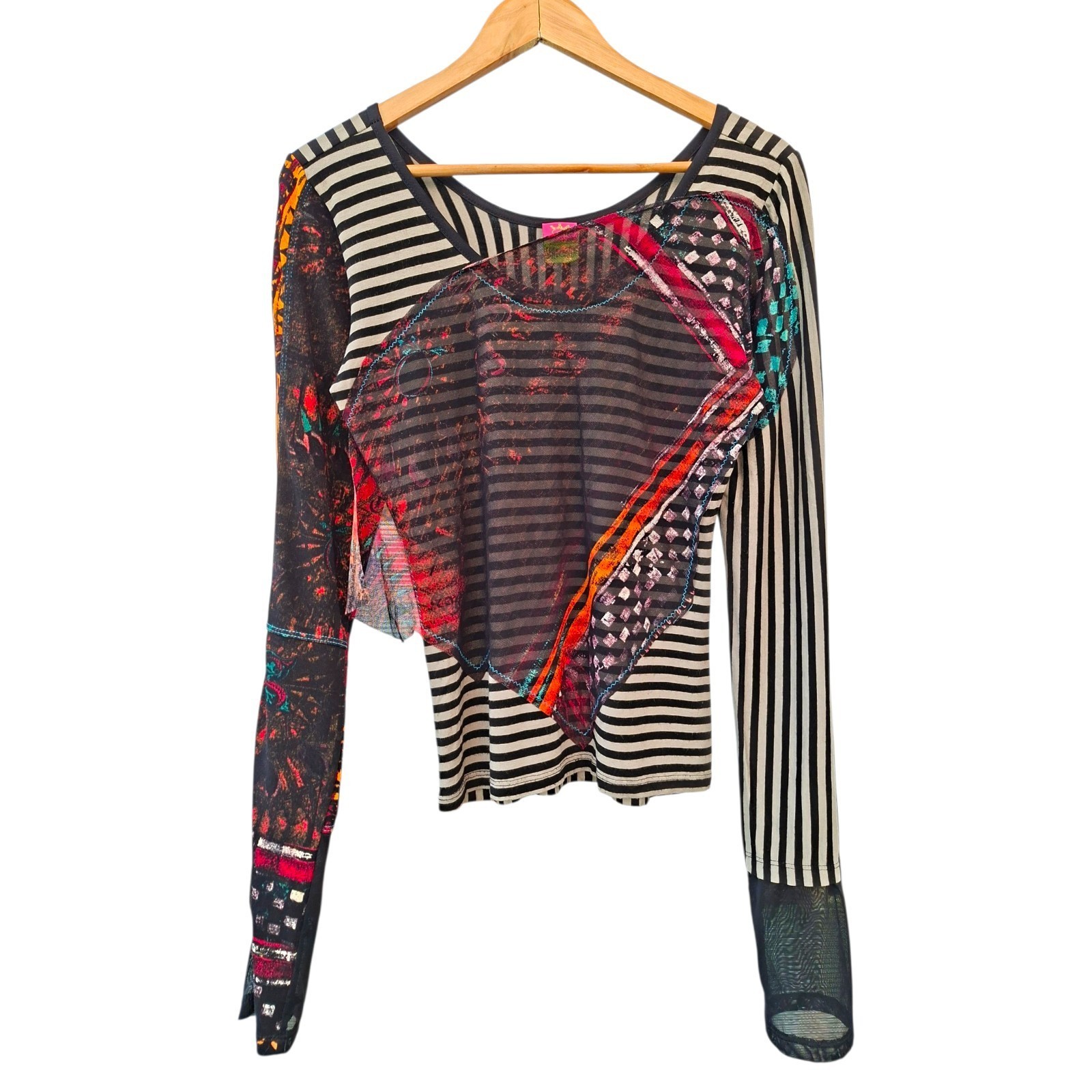 Vintage Save The Queen Y2K Mesh Top Long Sleeve Patchwork Stripe Indie Sleaze L