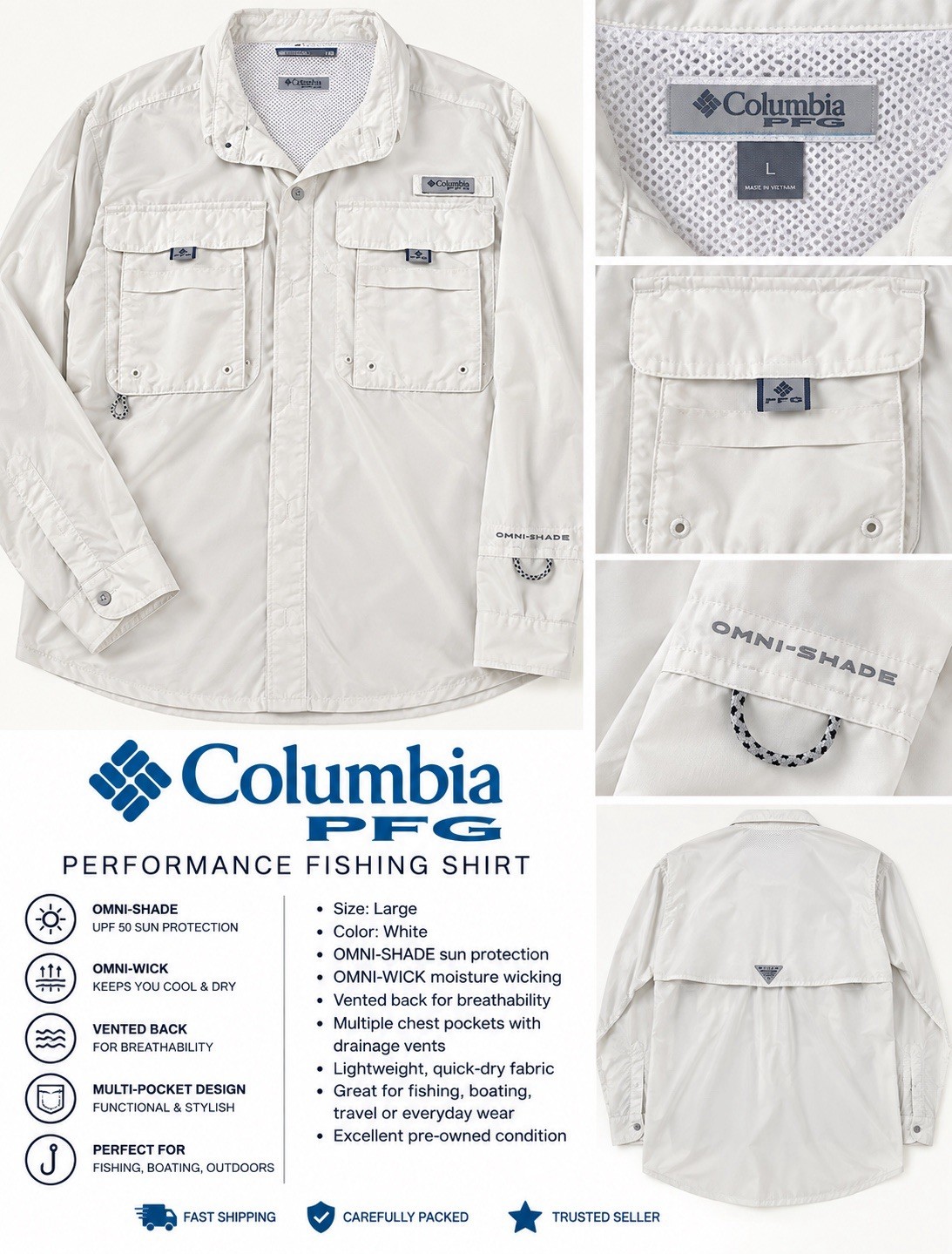 Columbia PFG Omni-Shade Omni-Wick Vented Pocket Shirt Men’s L White LS Columbia PFG Omni-Shade Omni-Wick Vented Pocket Shirt Men’s L White LS