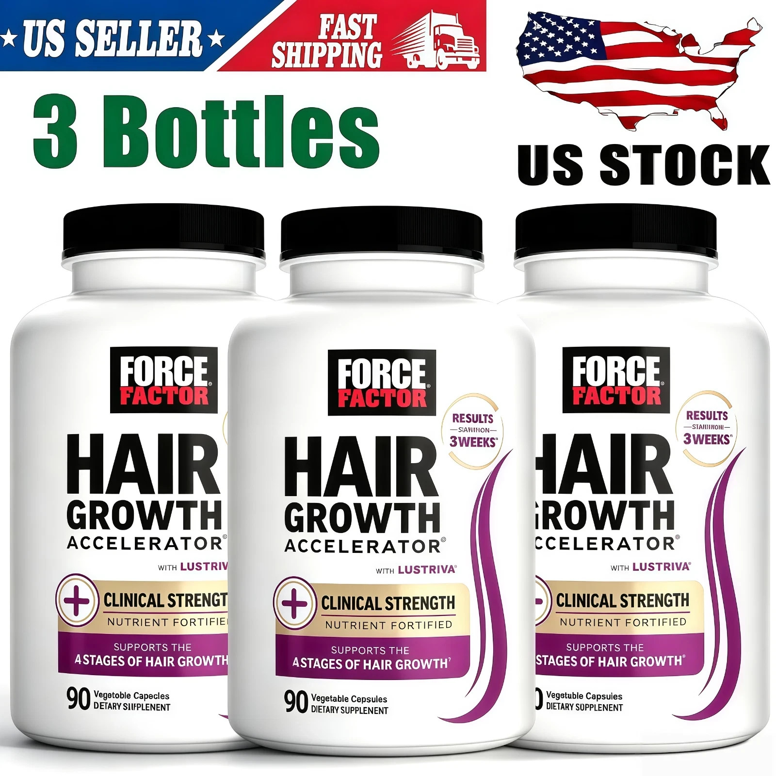 3‑Pack Force Factor Hair Growth Accelerator 90ct ea, Full 12‑Week Hair Cycle