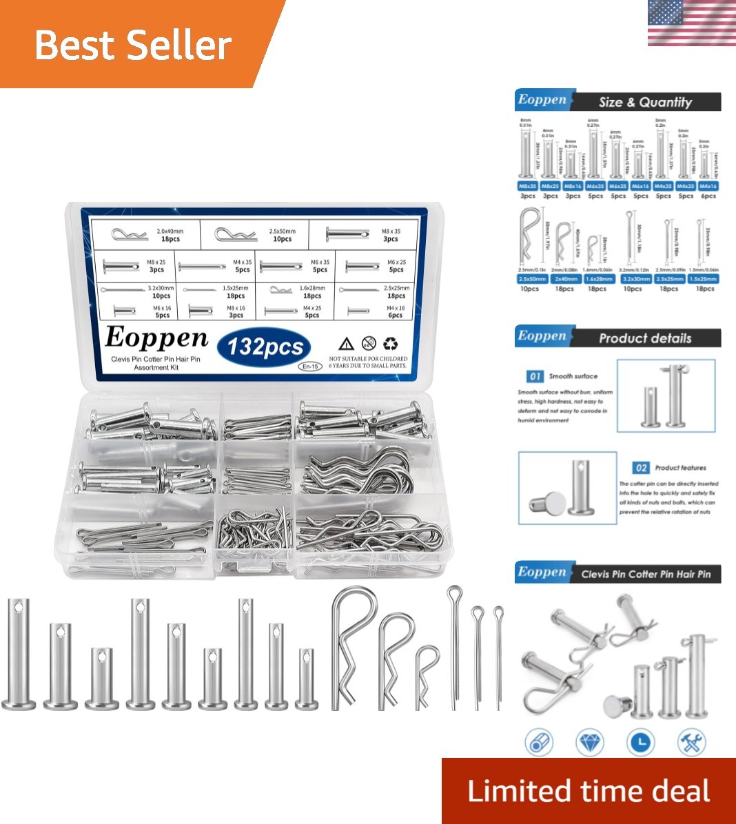 Versatile 132Pcs Stainless Steel Clevis Pin & Cotter Pin Set - Storage Included