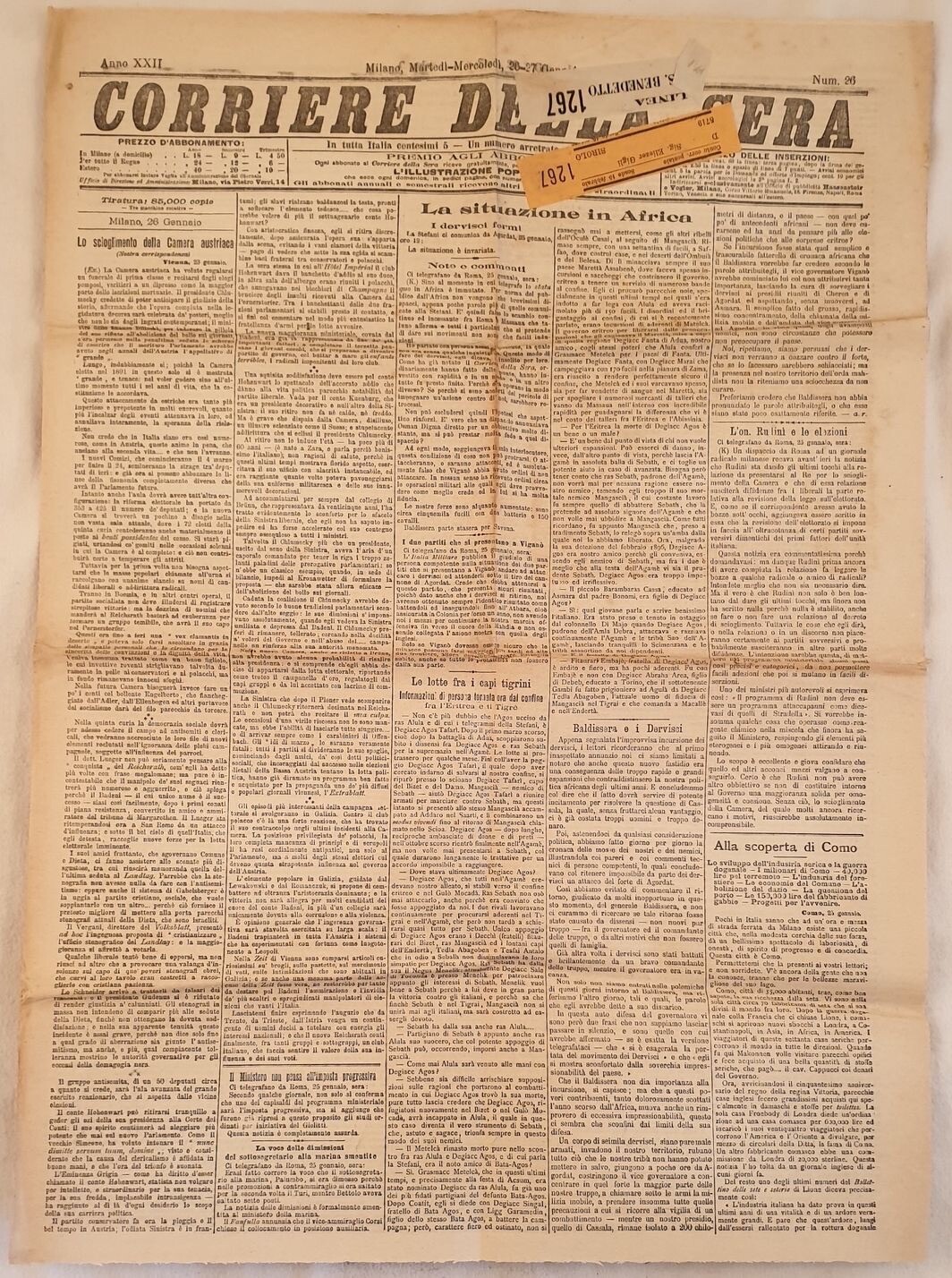 CORRIERE DELLA SERA 26 27 JANUARY 1897 ROLLERS CANOPY COMO COLLE VAL D\'ELSA