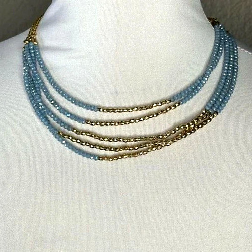 NWT Massini Multi Strand Beaded Necklace Gold Tone Aqua Blue - Packaged for Ship