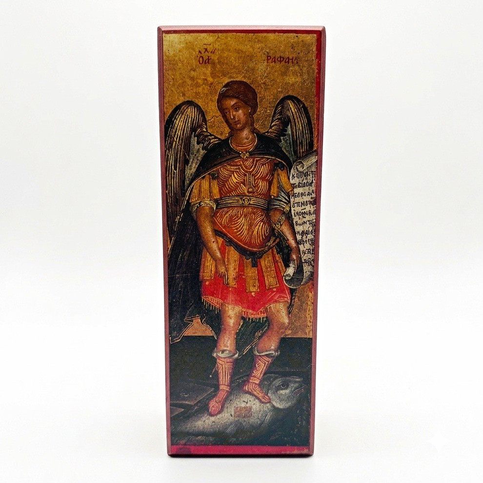 Archangel Raphael Wooden Icon Plaque St Isaac of Syria Skete Boscobel WI 8.25x3\