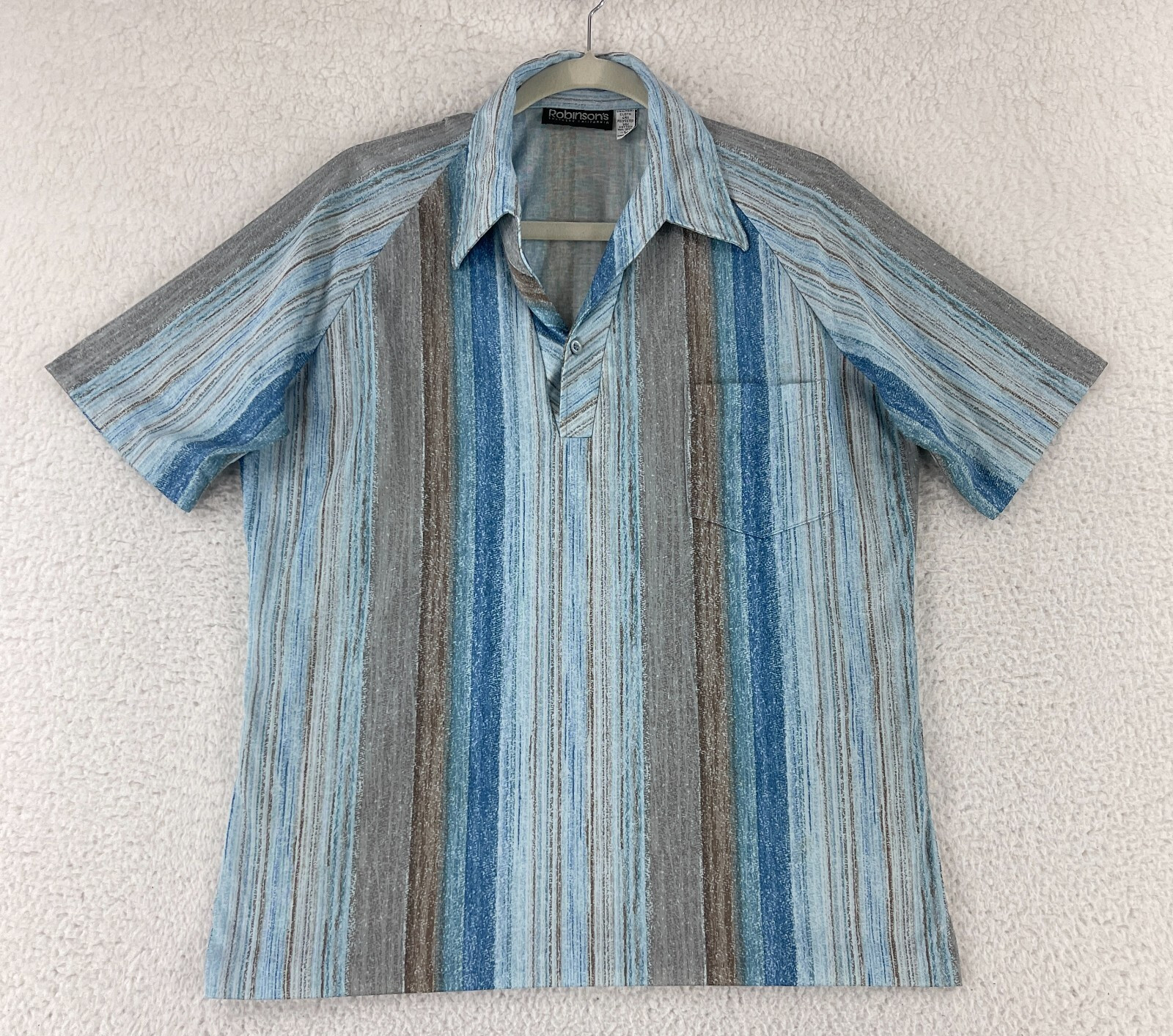 Vintage Robinson\'s Southern California Shirt Mens L Blue Stripe Split Neck
