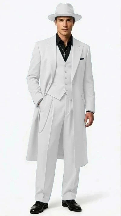 British Men\'s Zoot Suit Wedding Groom Tuxedo Evening Party Prom Long Coat 3pcs
